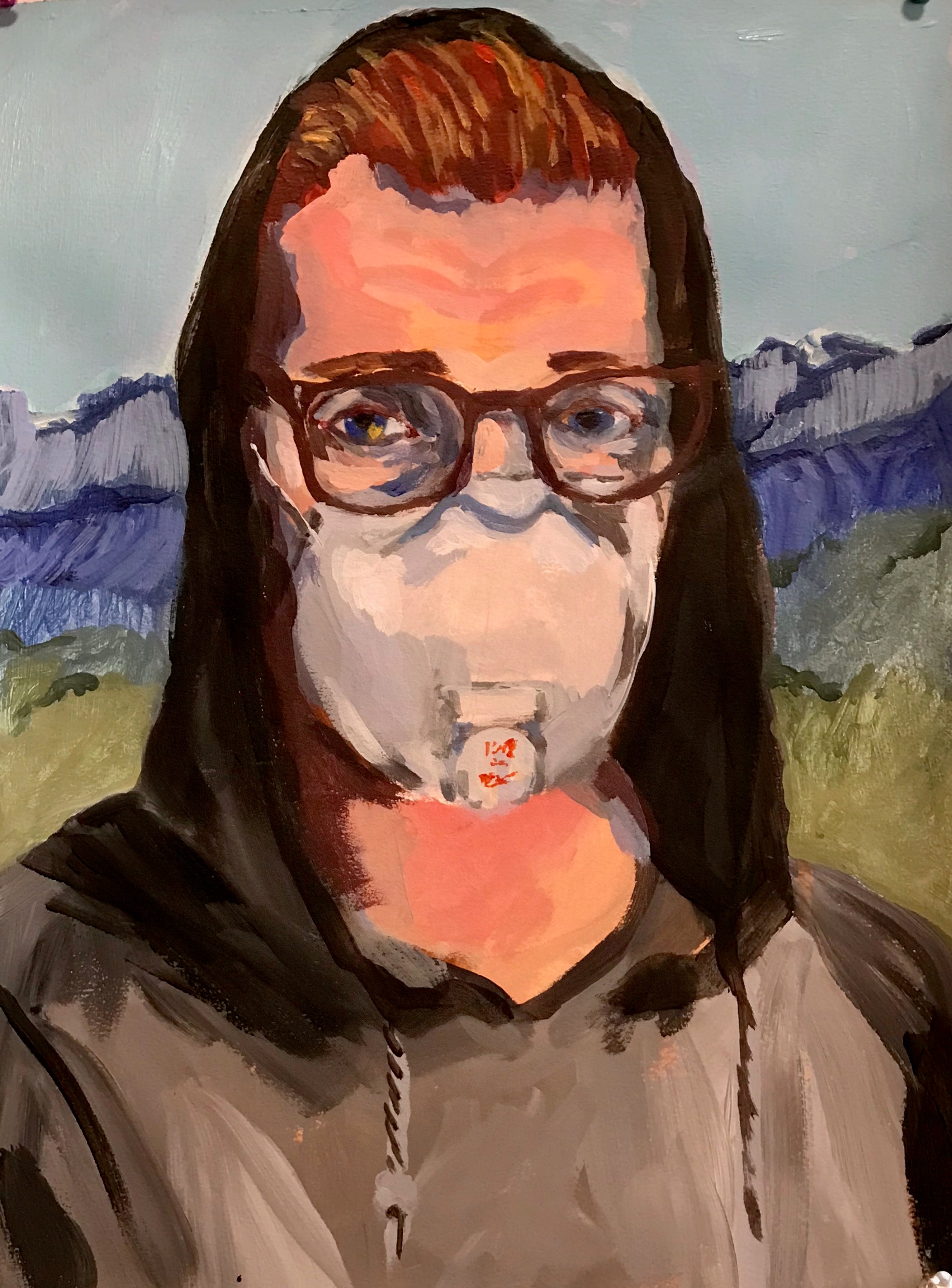 Noëlle King's portrait of his older son wearing a facemask.