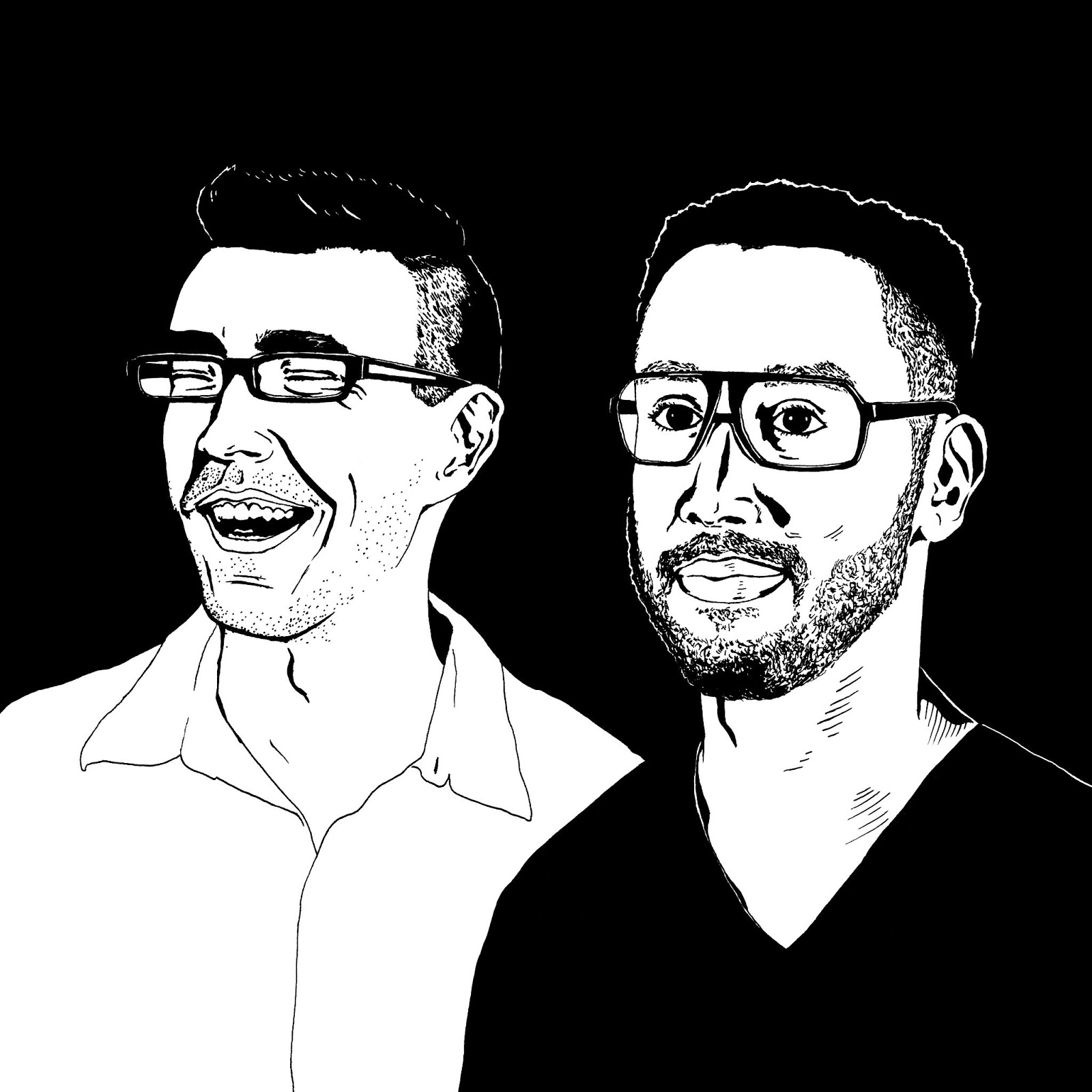 Image of two male figures with glasses one in a white button-down shirt the other in a black tshirt