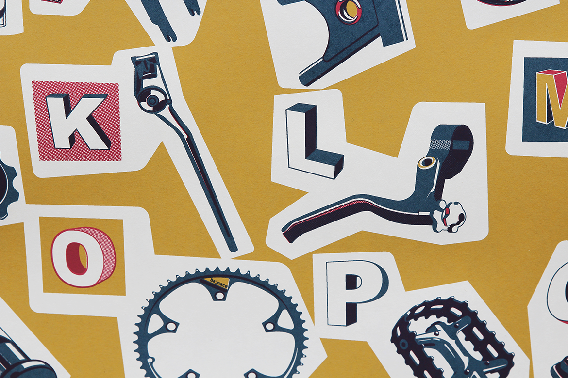 Alphabet comprised of bike parts
