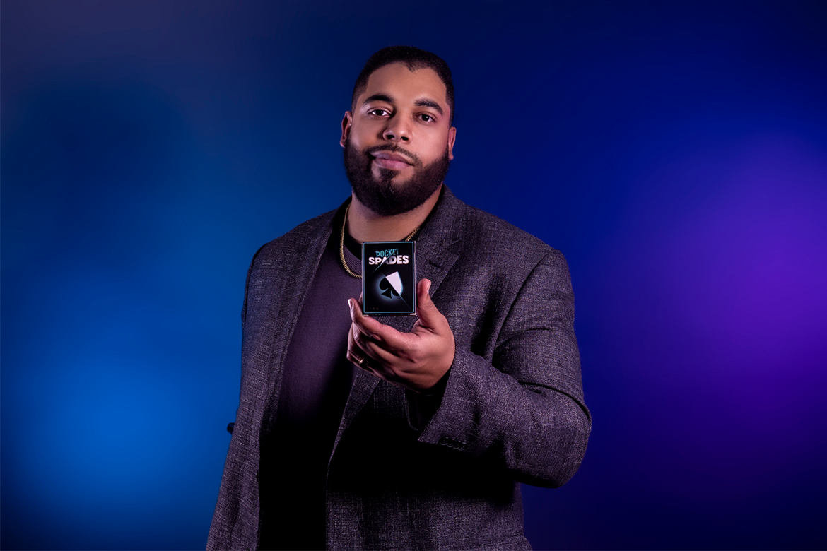 Terrance Harden holding Pocket Spades deck