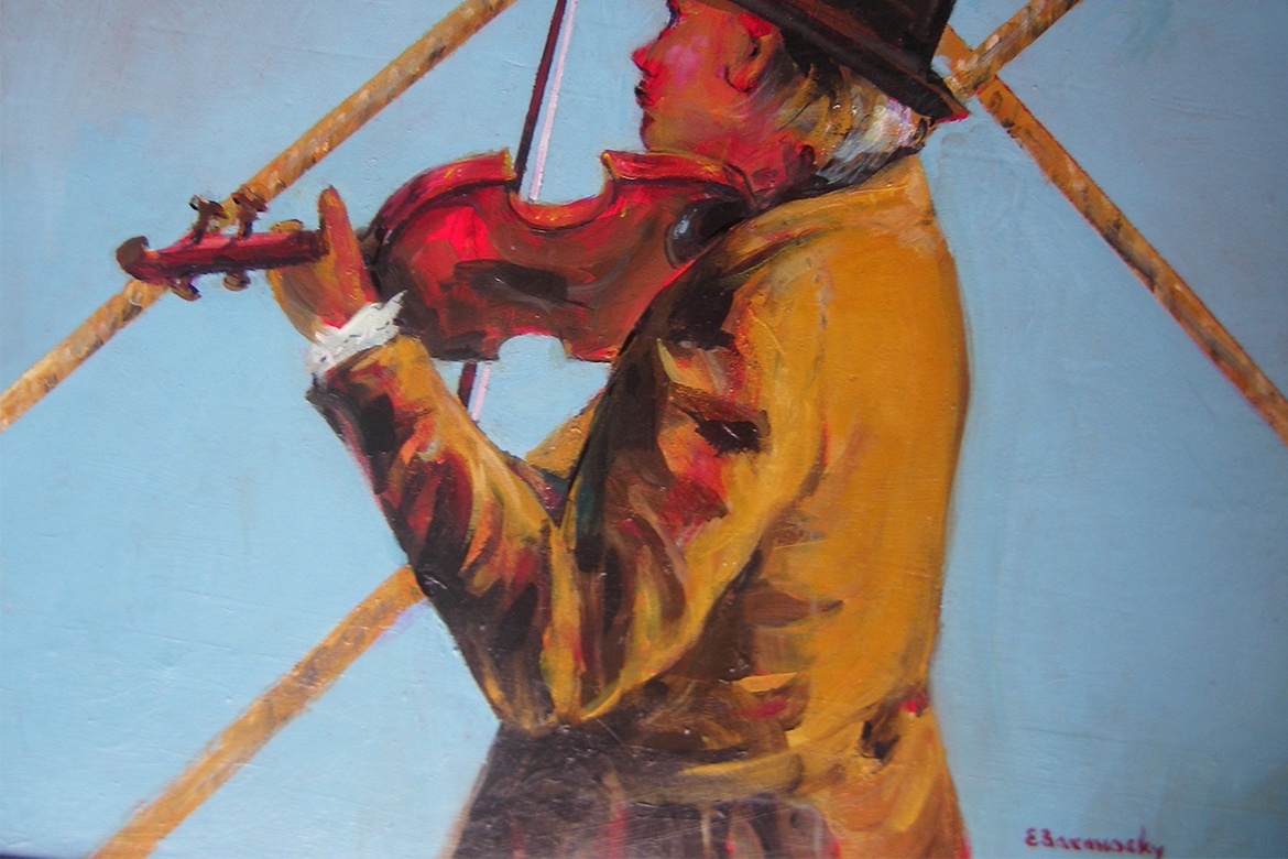 Painting of man playing the violin over a blue background.