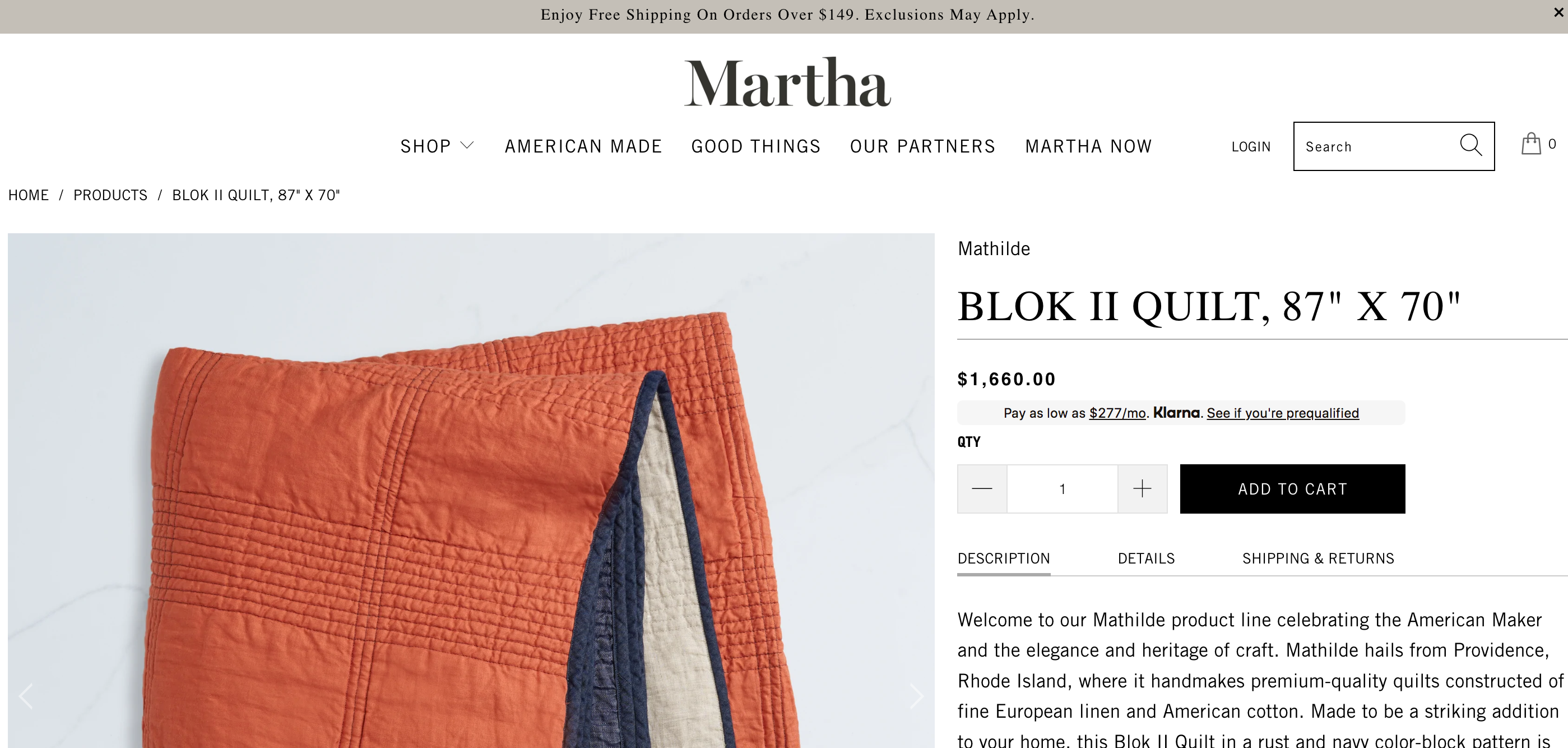 A screenshot of an orange and blue quilt on Martha.com