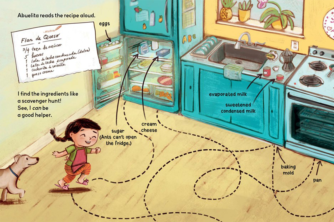 An illustration of a small girl looking for ingredients in a kitchen