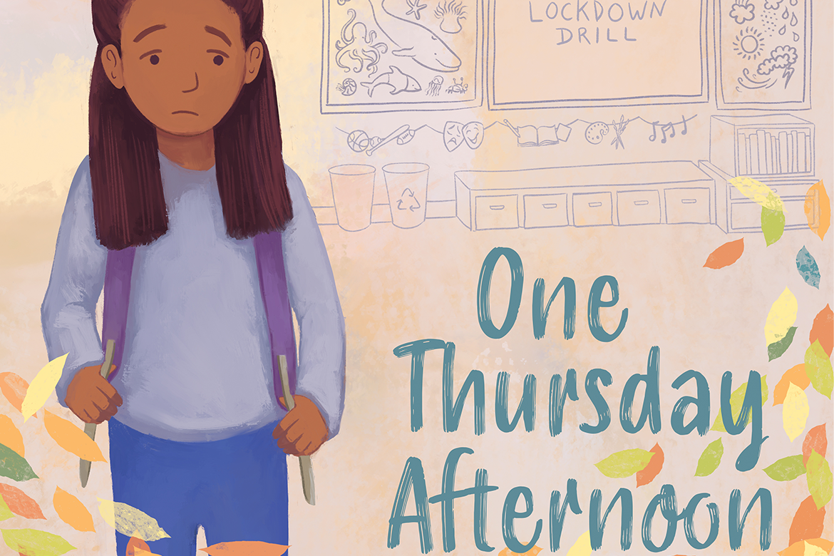 A girl wearing a purple backpack and frowning near One Thursday Afternoon in blue text