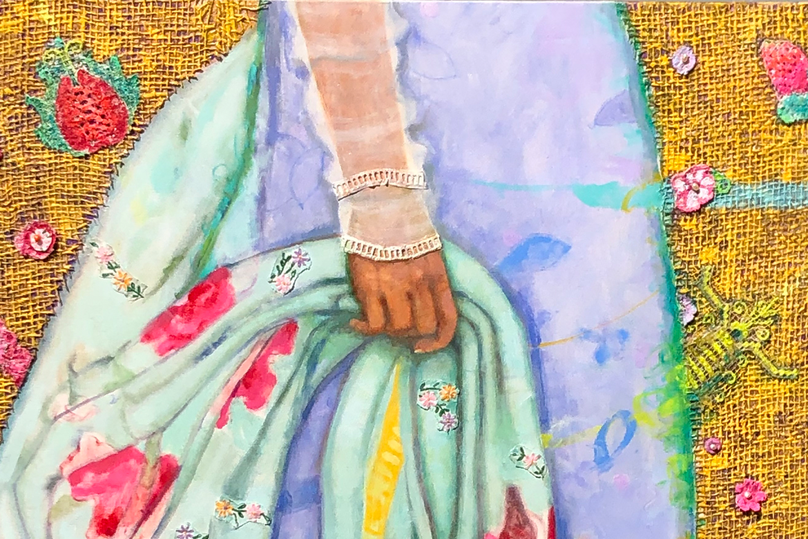 A painting of a woman's arm holding fabric by her side