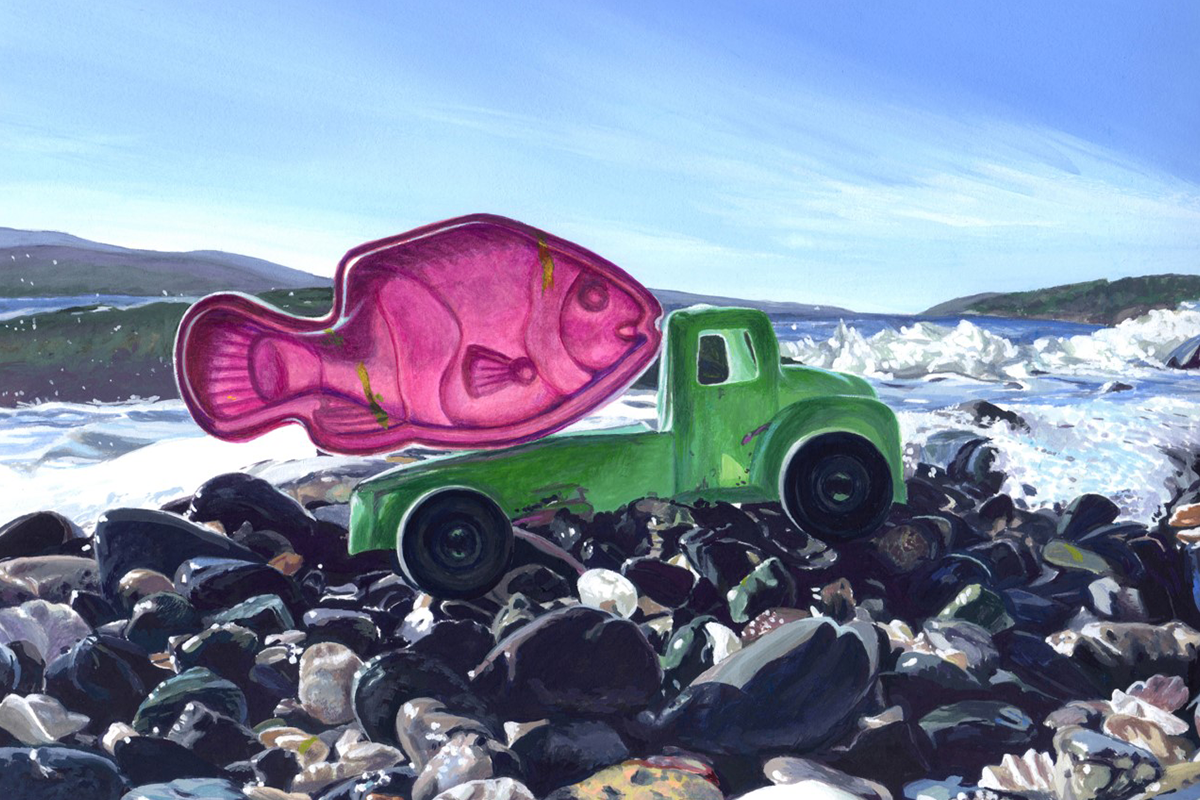 A painting of a pink fish on a green truck parked on a shoreline