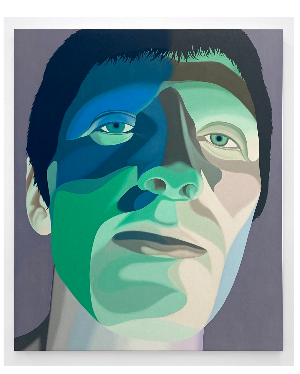 A blue, green, gray, and tan painting of a person's face