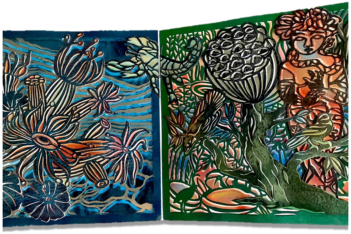 A book spread showing blue, green and red floral illustrations