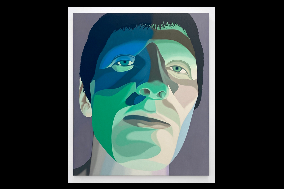 A blue, green, gray, and tan painting of a person's face