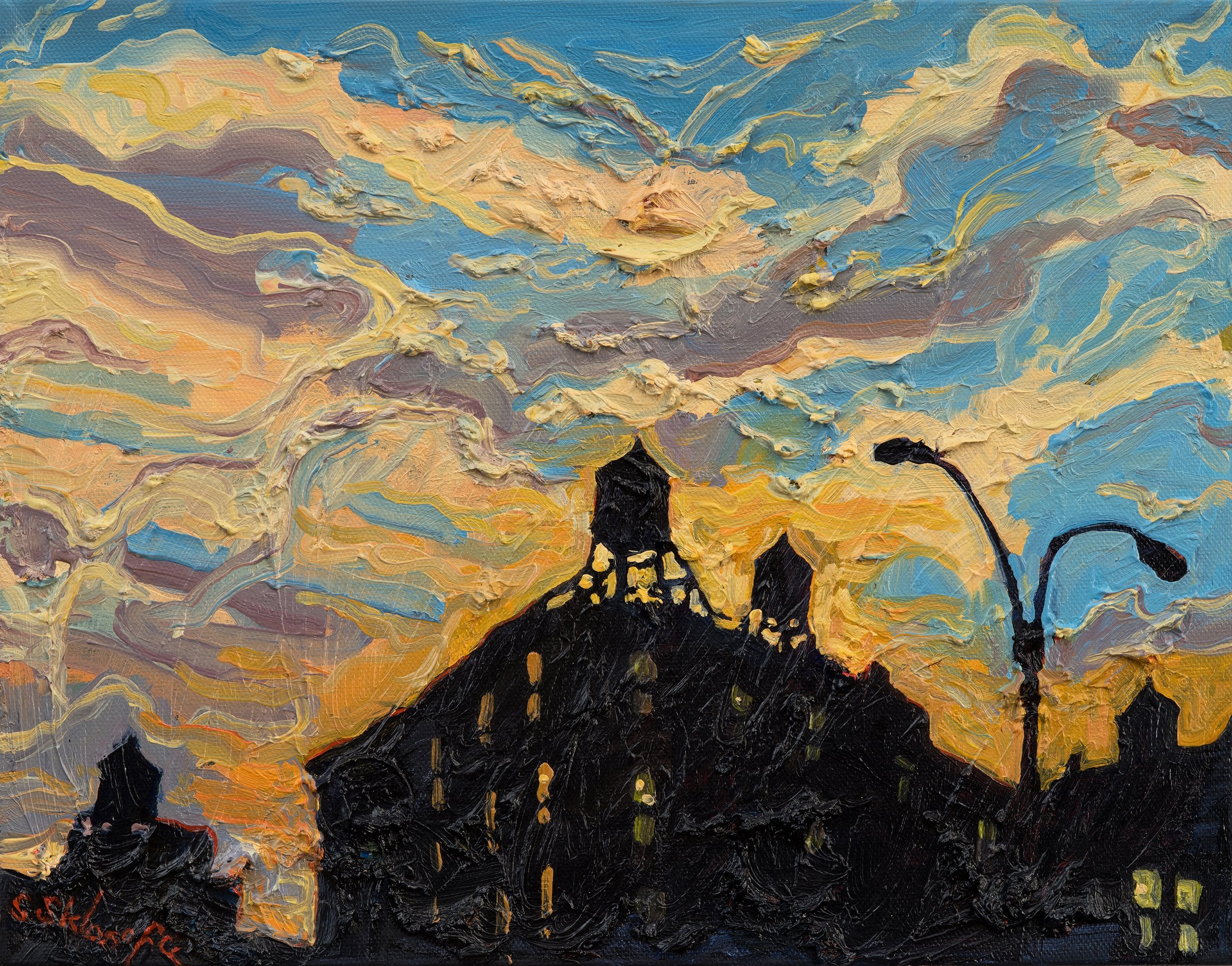 A painting of a rooftop against a sunset