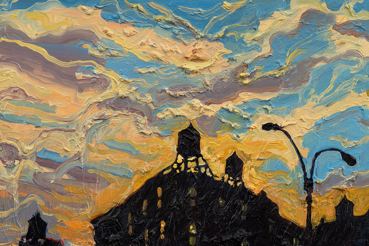 A painting of a rooftop against a sunset