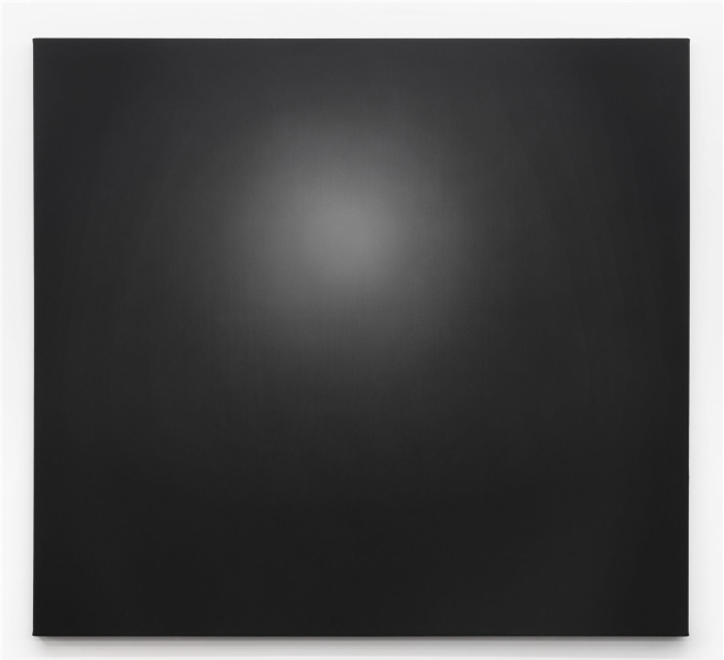 A painting depicting a blurred white light against a black background