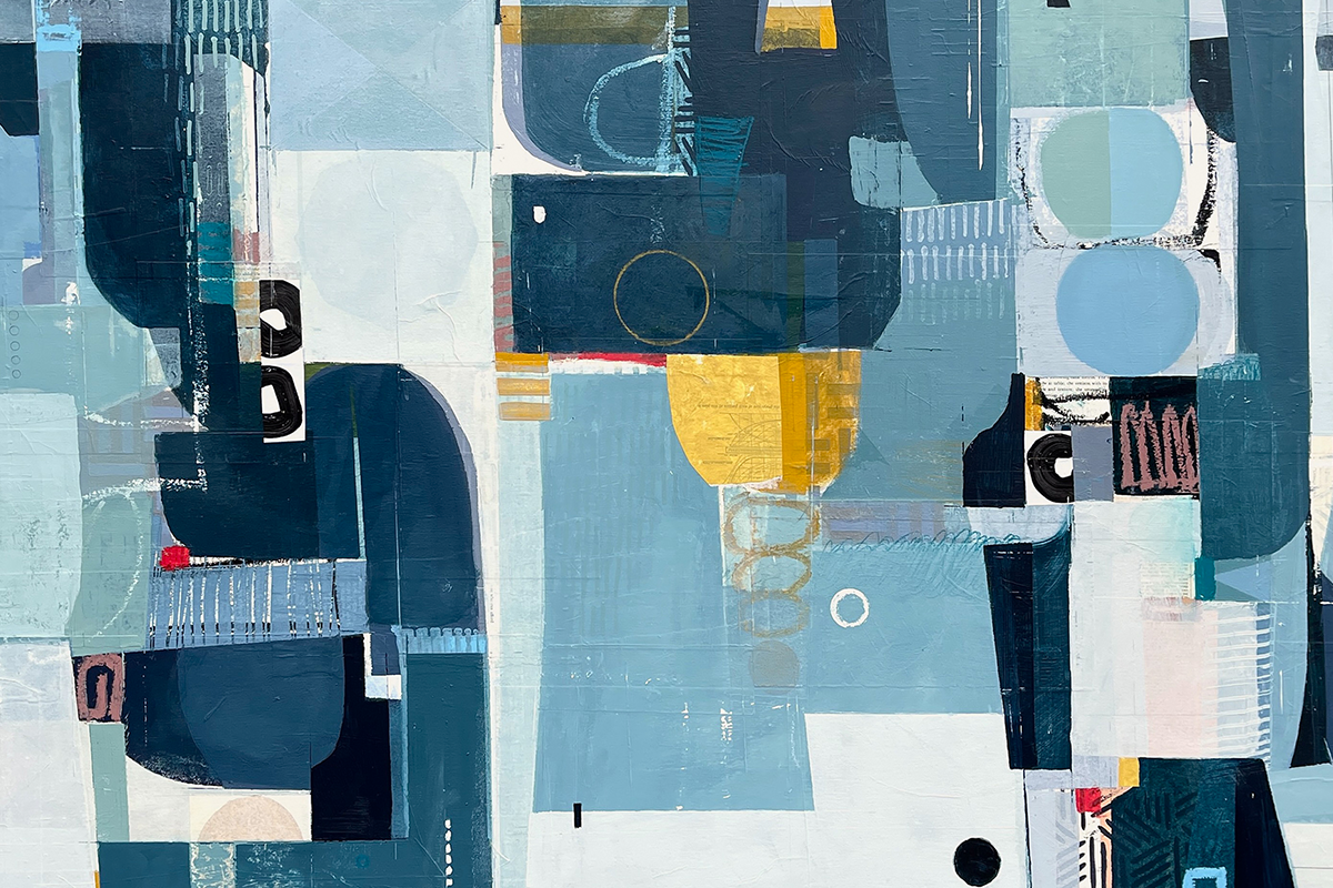A painting of layered circles and rectangles in yellow and various shades of blue