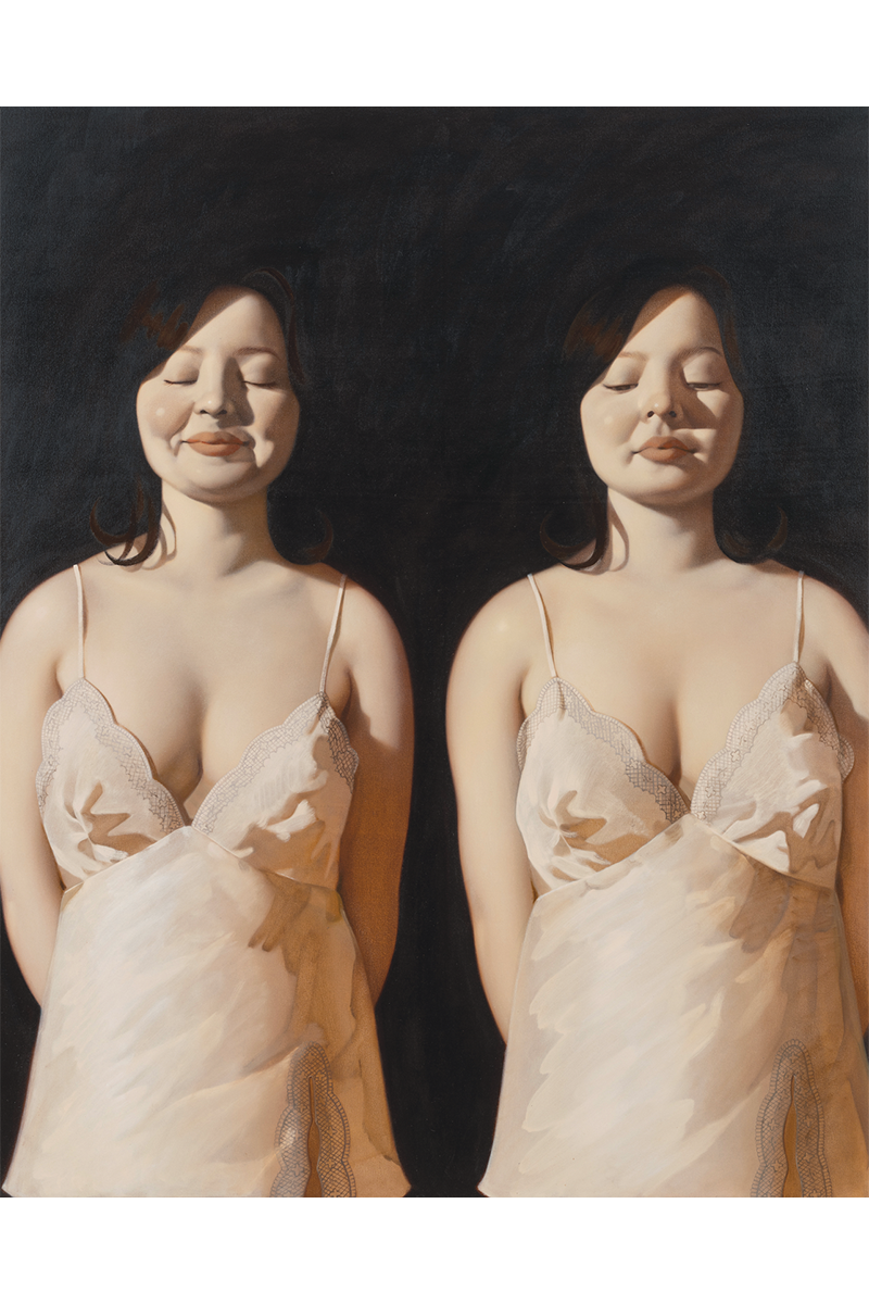 Anna Weyant, Twin Eileens, 2022 Oil on canvas, 60 1/8 × 48 1/8 inches (152.7 × 122.2 cm)