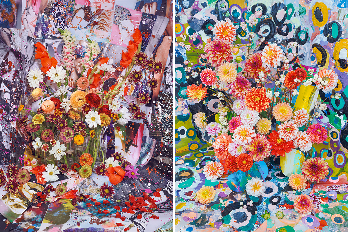 Two paintings of flowers against bright, multicolored backgrounds