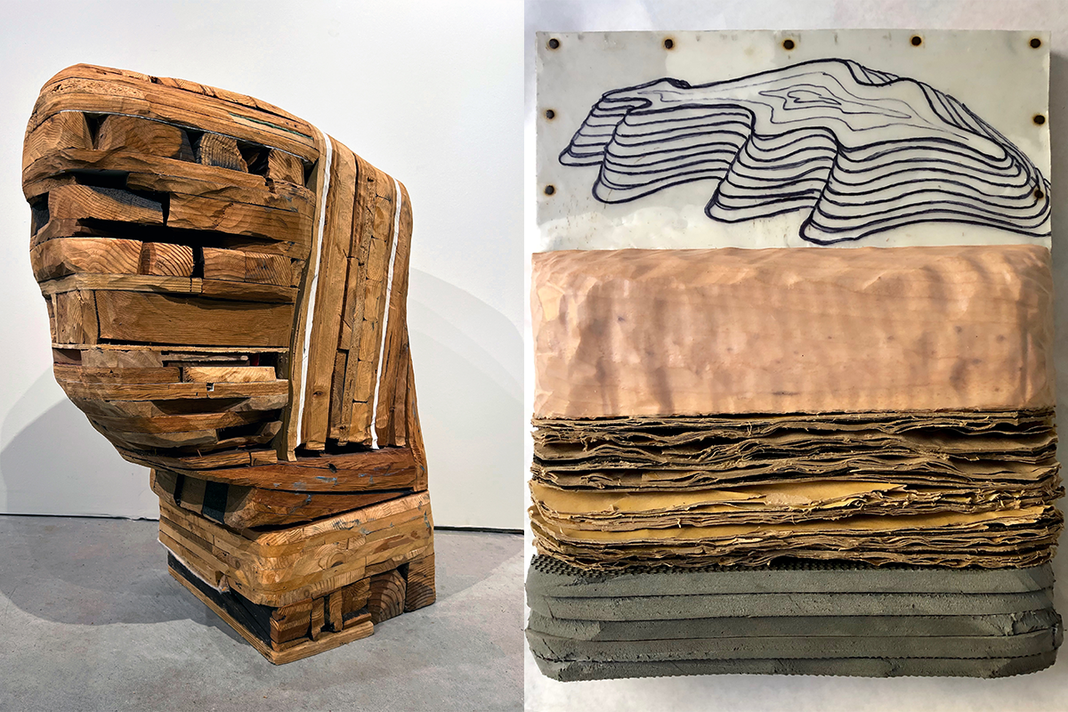Two tan, brown, and beige sculptural works