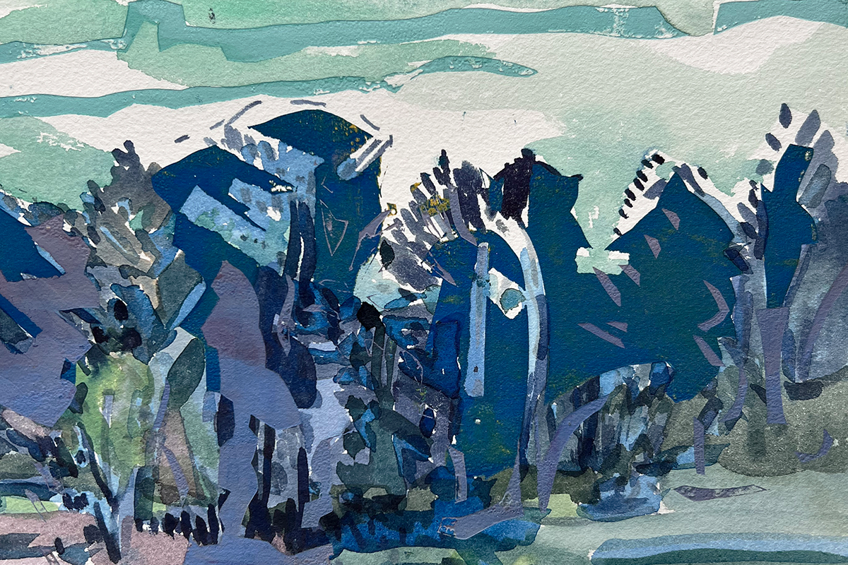 An abstract painting of navy blue across cerulean and green
