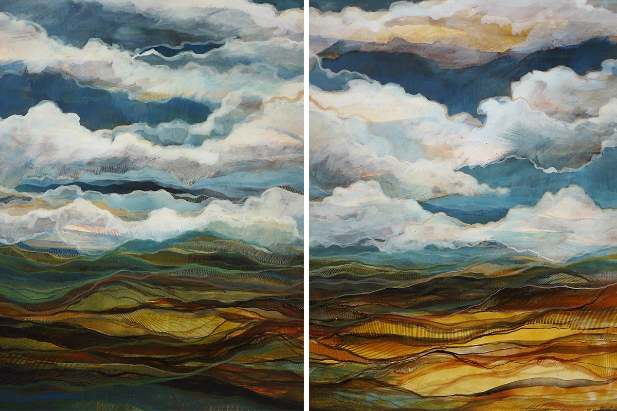 A painting of clouds over plains