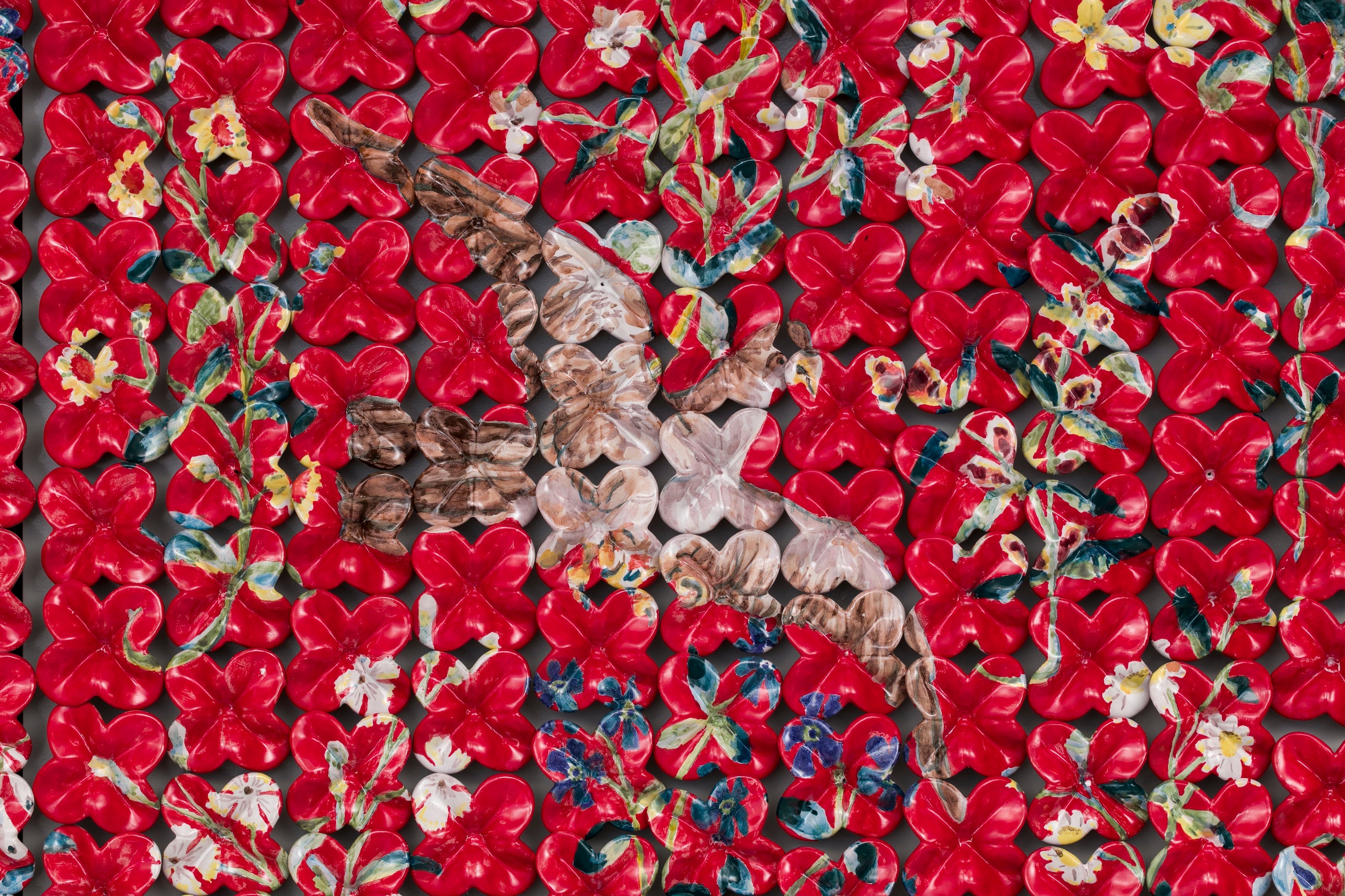 Detail from Sixth Sense, 2020, aluminum, glazed terracotta, silicone, 108 x 8 x 72, photo courtesy of Wes Magyar