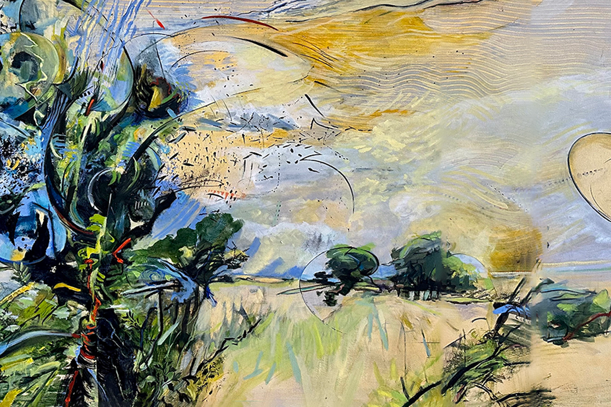 Landscape painting of a spring or summer meadow with sunlight, green leaves and blue sky