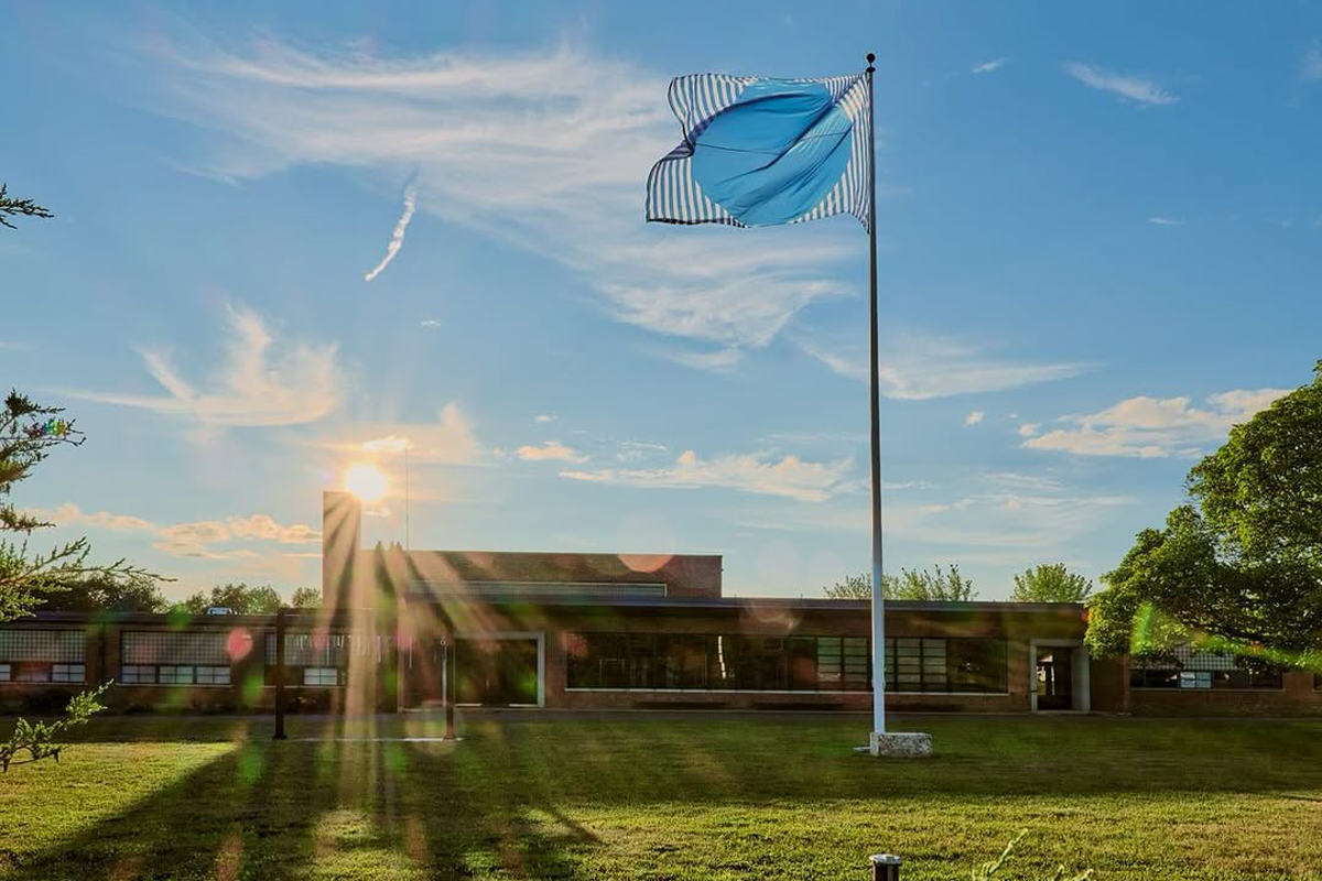 rom The Campus on Instagram. Daniel Buren, Grand Cercle bleu sur fond rayé, situated work, May 2012. Blue fabric (PANTONE Process Blue C) with printed vertical white stripes, each 8.7 cm wide, mast, wind. 1