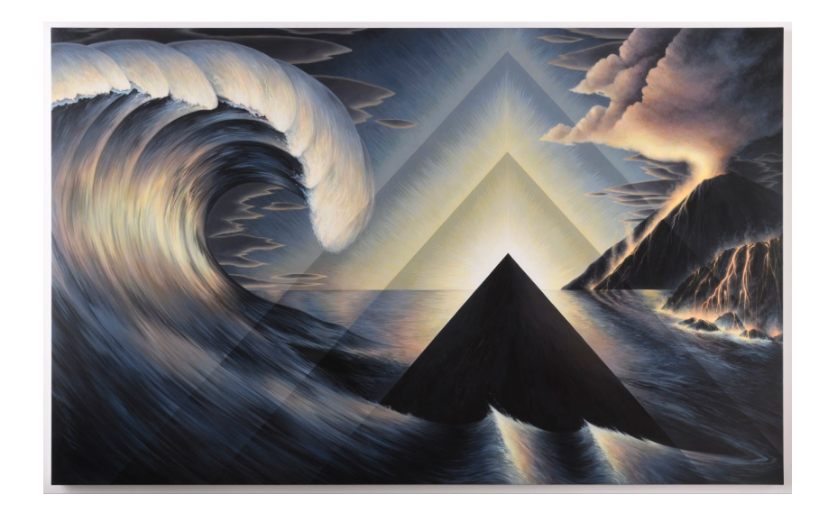 Acrylic on Canvas 60 x 90 inches Kelly Berg’s paintings and mixed media sculptural works explore the ever-shifting nature of our world. Her work depicts the movement of tectonic plates, volcanic eruptions, and dramatic geologic formations, offering a new perspective within the context of contemporary landscape and the sublime. The integration of geometric forms within her compositions and the reoccurring imagery of pyramids emerging from dark rifts in the earth create a visual framework