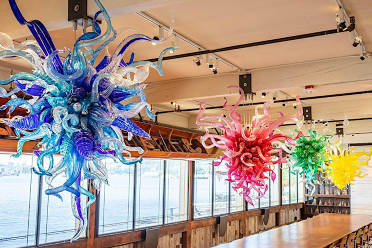 Dale Chihuly works suspended from the ceiling