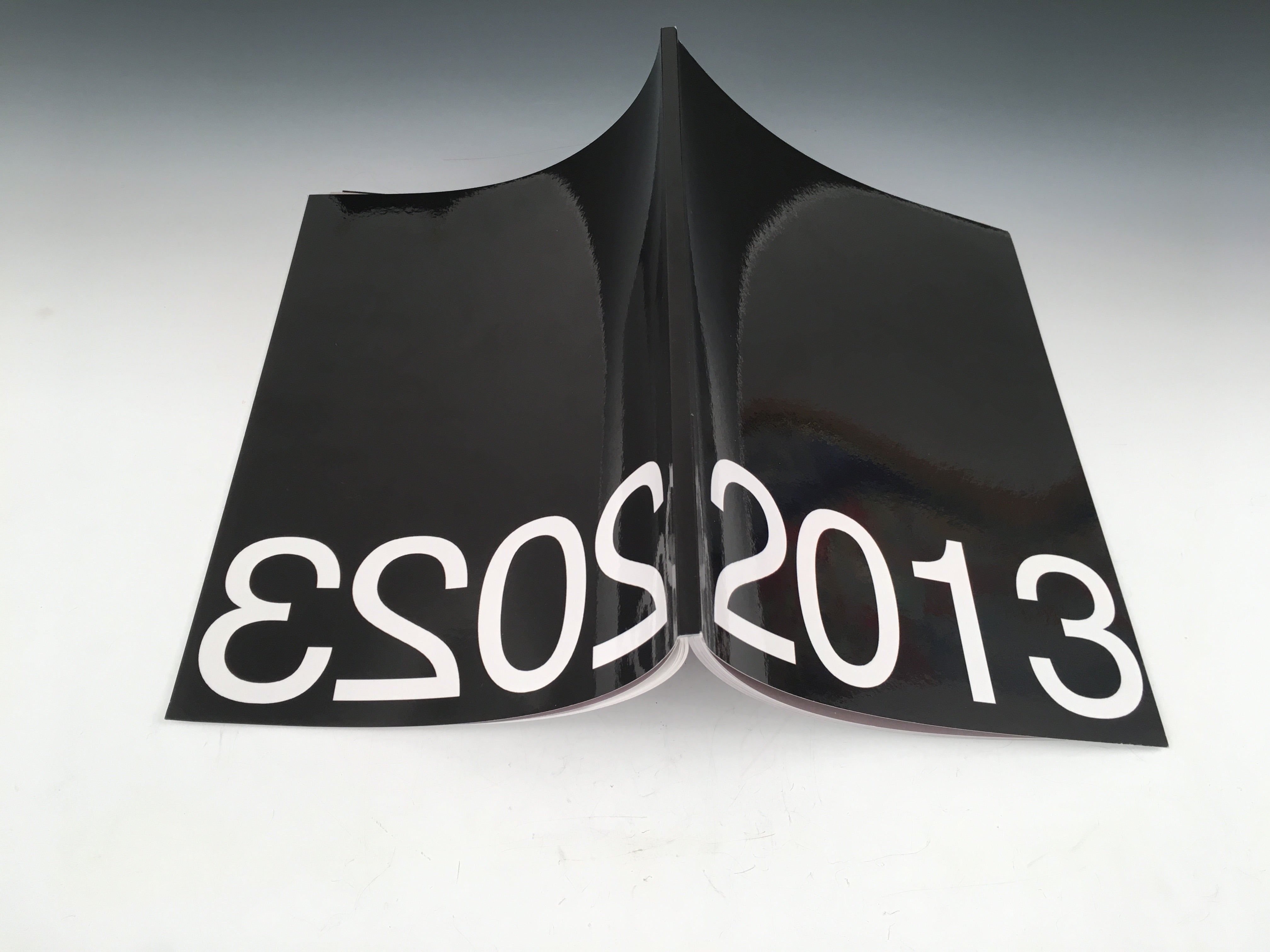A photograph of 2013, 2023, a black glossy paperback art book, lying on a flat marble surface, open cover side up.