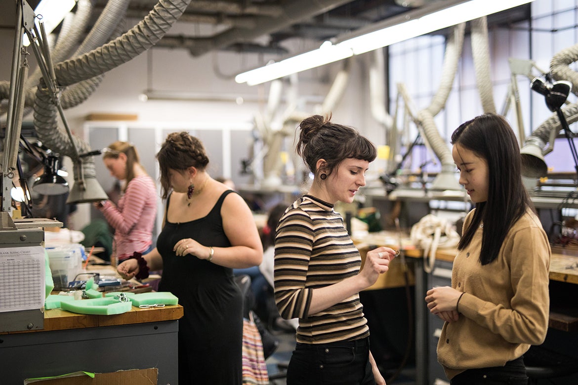 Jockel (in striped shirt) works with students from various majors in a Wintersession studio tied to the RISD Museum’s Repair exhibition.