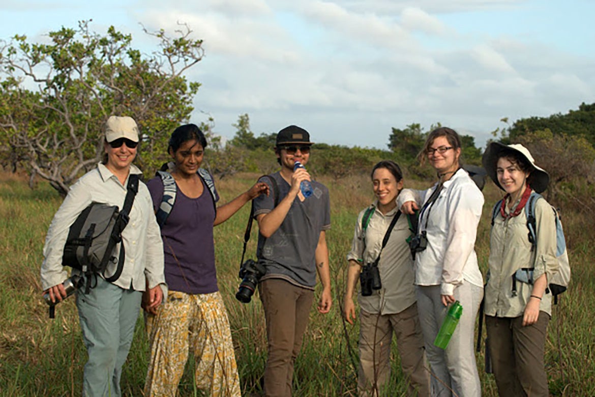 Photo of Professor Nicole Merola (far left) leading field work in Guyana