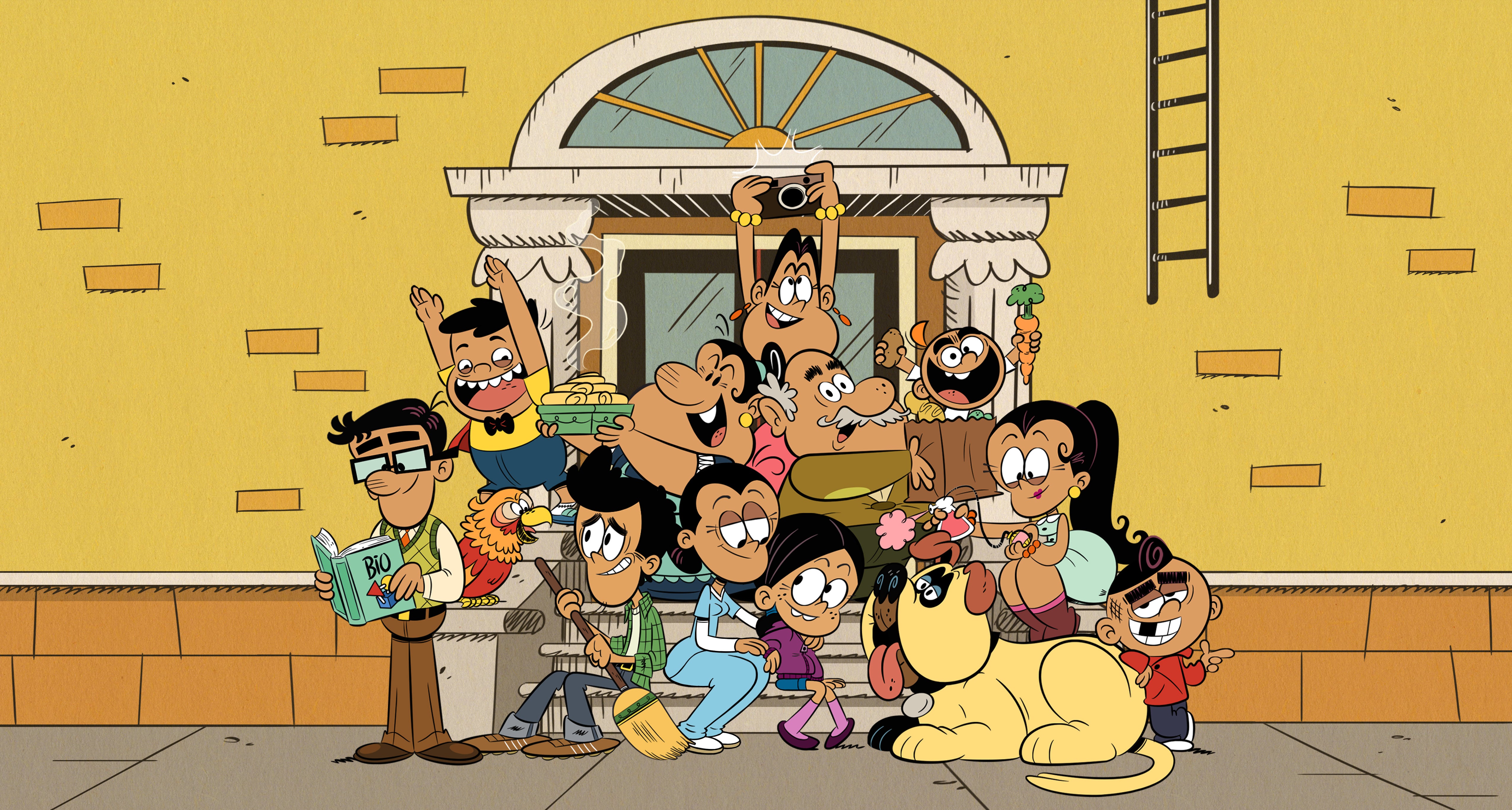 An image of the characters from the Nickelodeon show "The Casagrandes" in front of a yellow brick wall.