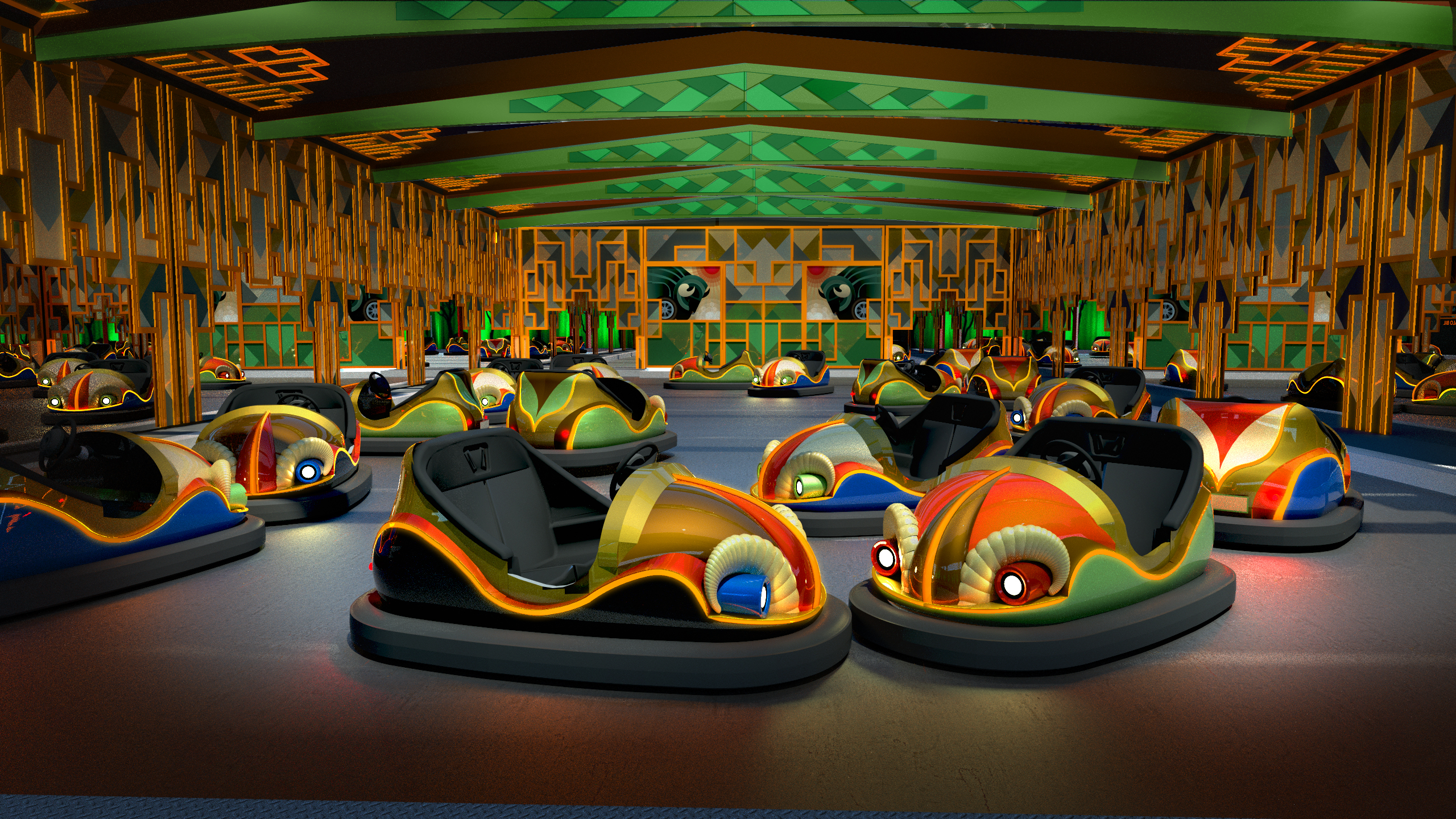 Rendering of bumper cars designed by RISD alum Will Gurley.