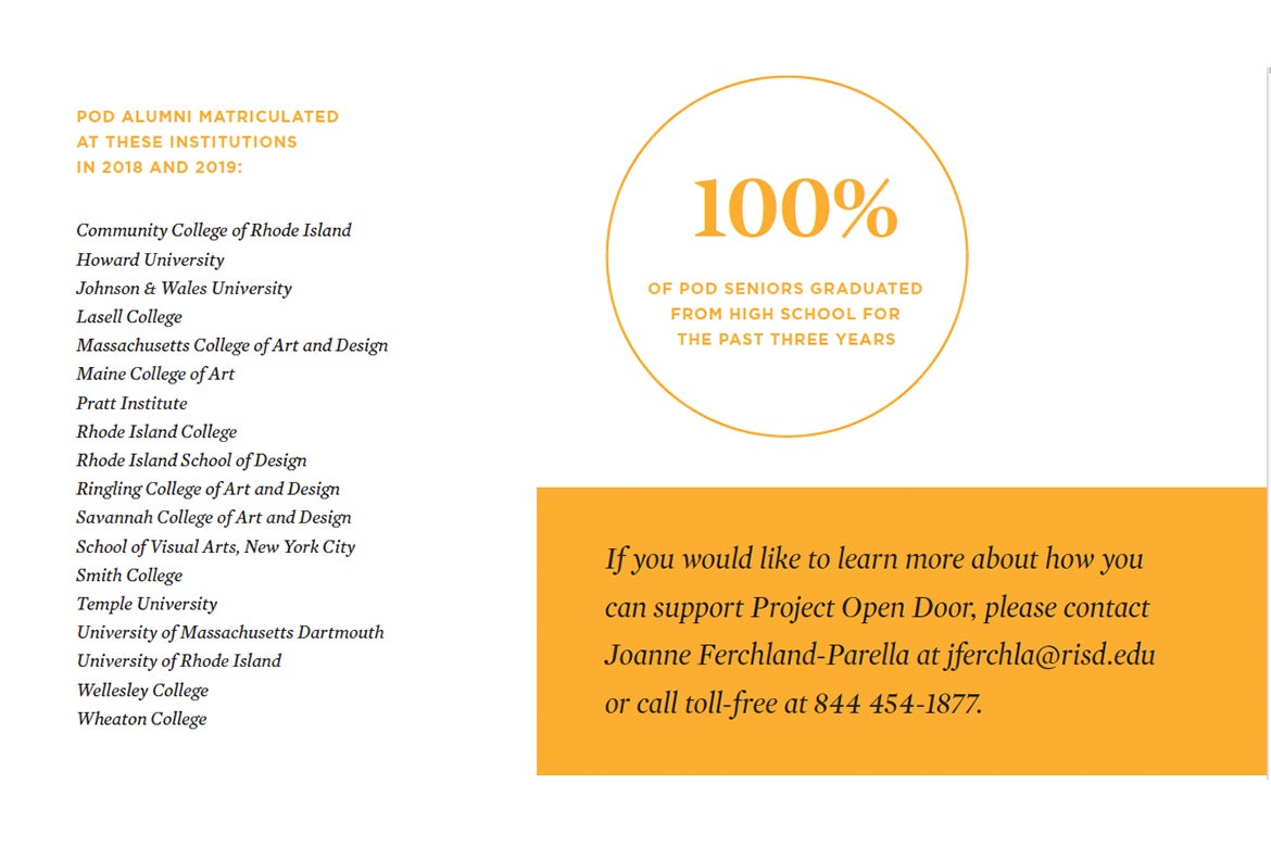 Infographic with a list of institions Project Open Door graduates have attended and 100% graduation rate of POD students in the last three years