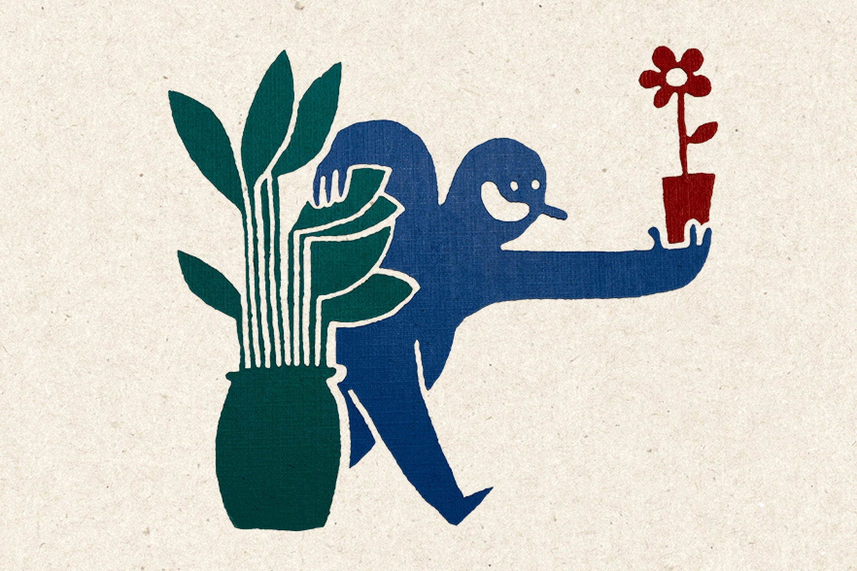 Drawing of a person holding a flower pot.