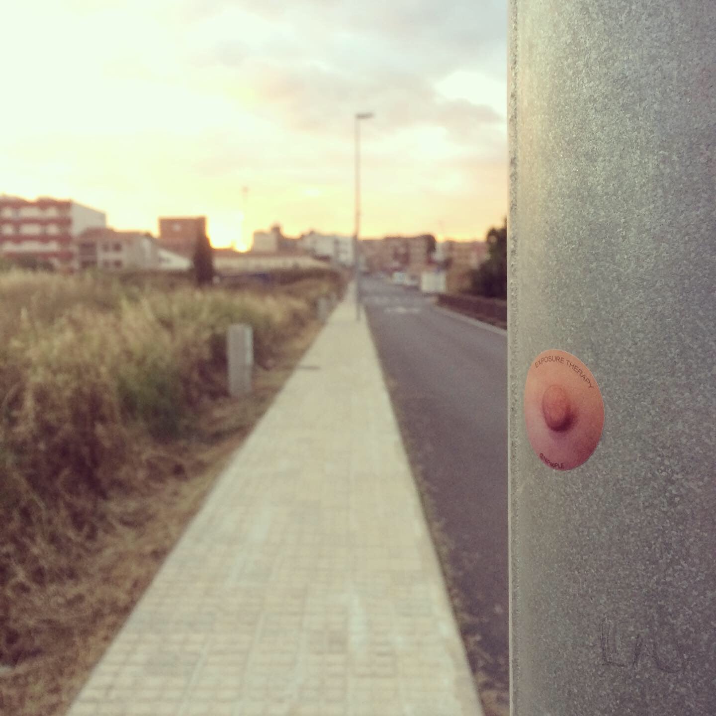 Nipple sticker on a light pole.