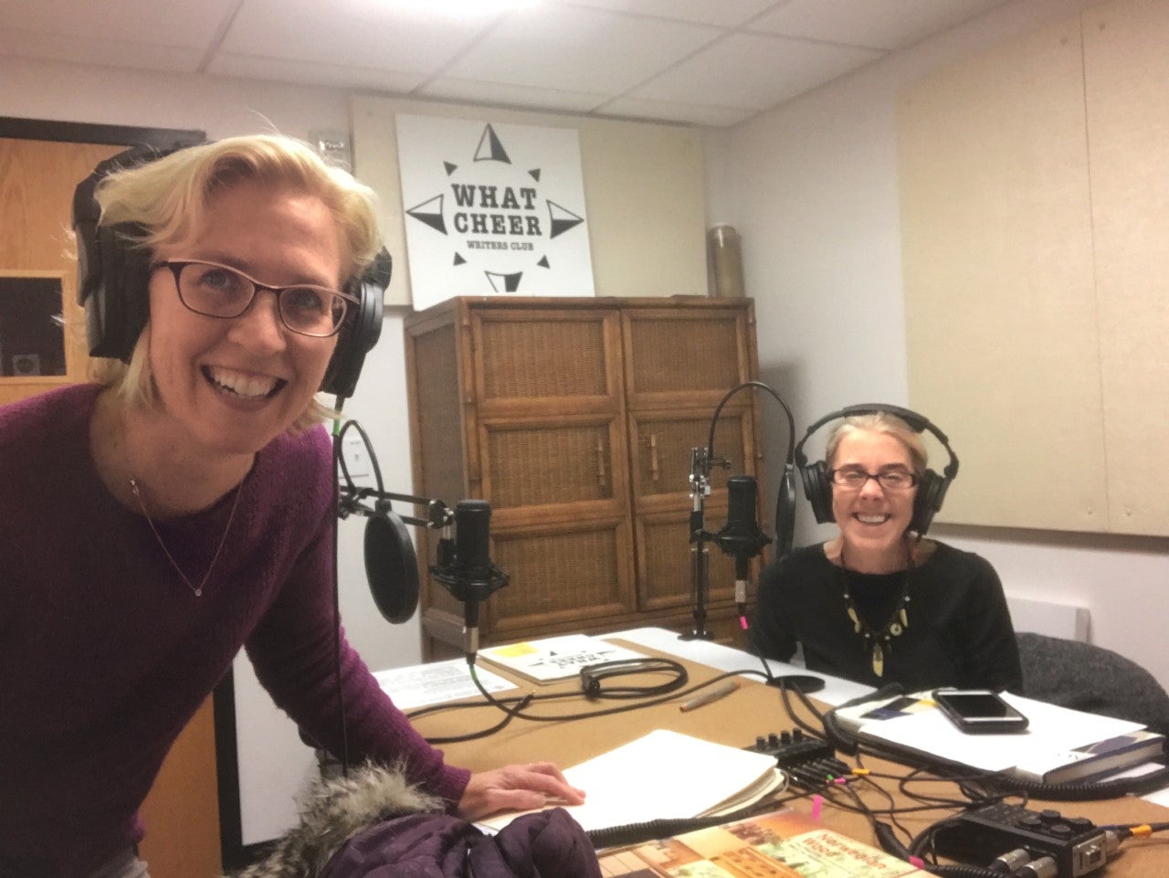 A snapshot of Katie and Dawn recording the "Design Me a House" podcast.
