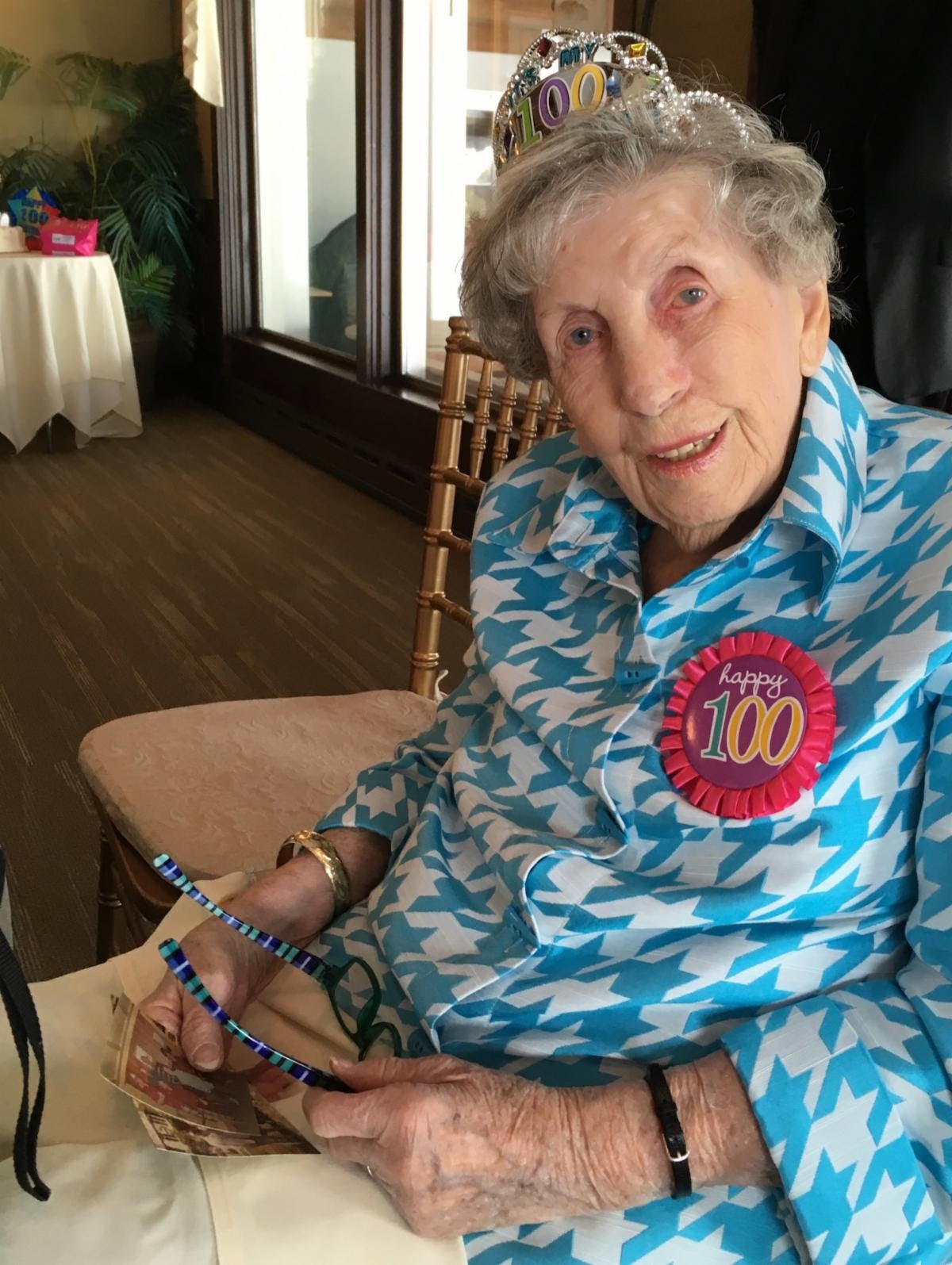 Photo of Veronica Farrell wearing a 100th birthday tiara