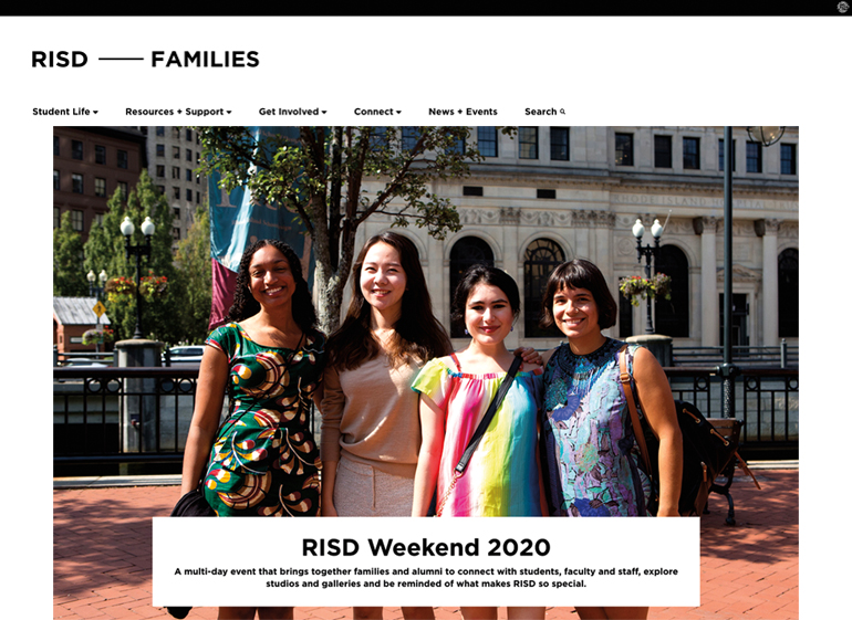 An image of four people standing outside of RISD with a white box of text over it that says "RISD Weekend 2020" and a description of the event