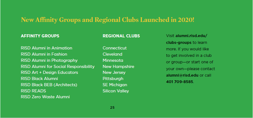 A block image of text that says "New Affinity Groups and Regional Clubs Launched in 2020! And lists the 9 new affinity groups and 8 new regional clubs