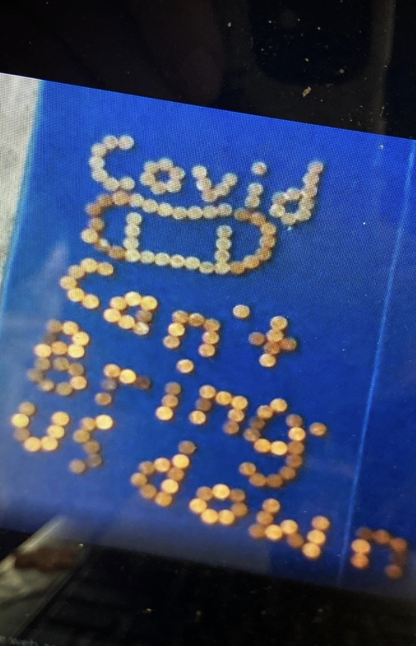 A photo of an elementary school art student's work that says "Covid can't Bring us down".