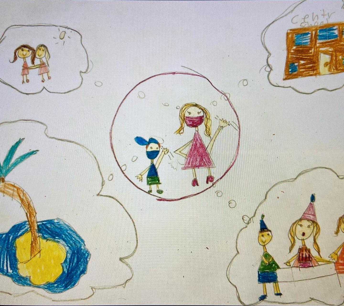 An elementary school art student's drawing depicting an adult and a child thinking about the things they miss because of COVID-19.