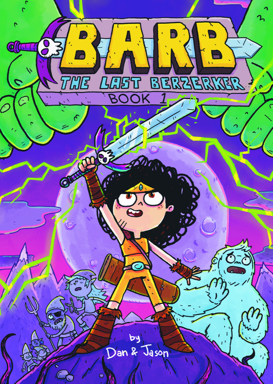Cover art for graphic novel Barb the Last Berzerker cartoon of young girl holding a sword over her head in a outer space landscape