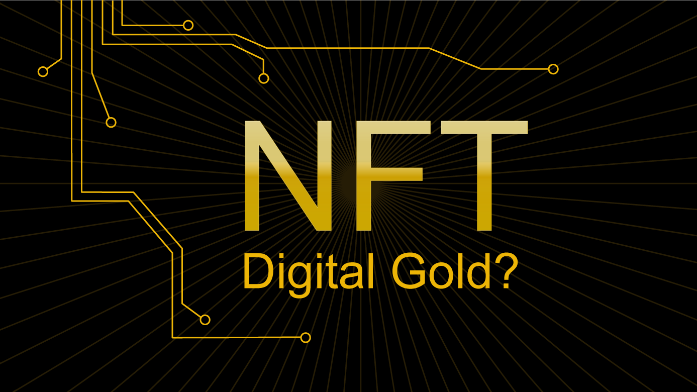 Black background with gold circuits and gold lettering reading NFT Digital Gold? 