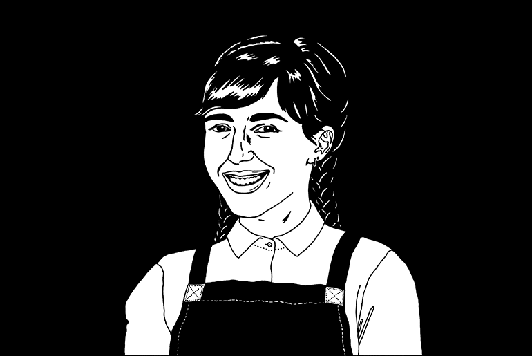 Black and white illustration of a woman with hair in braids and overalls