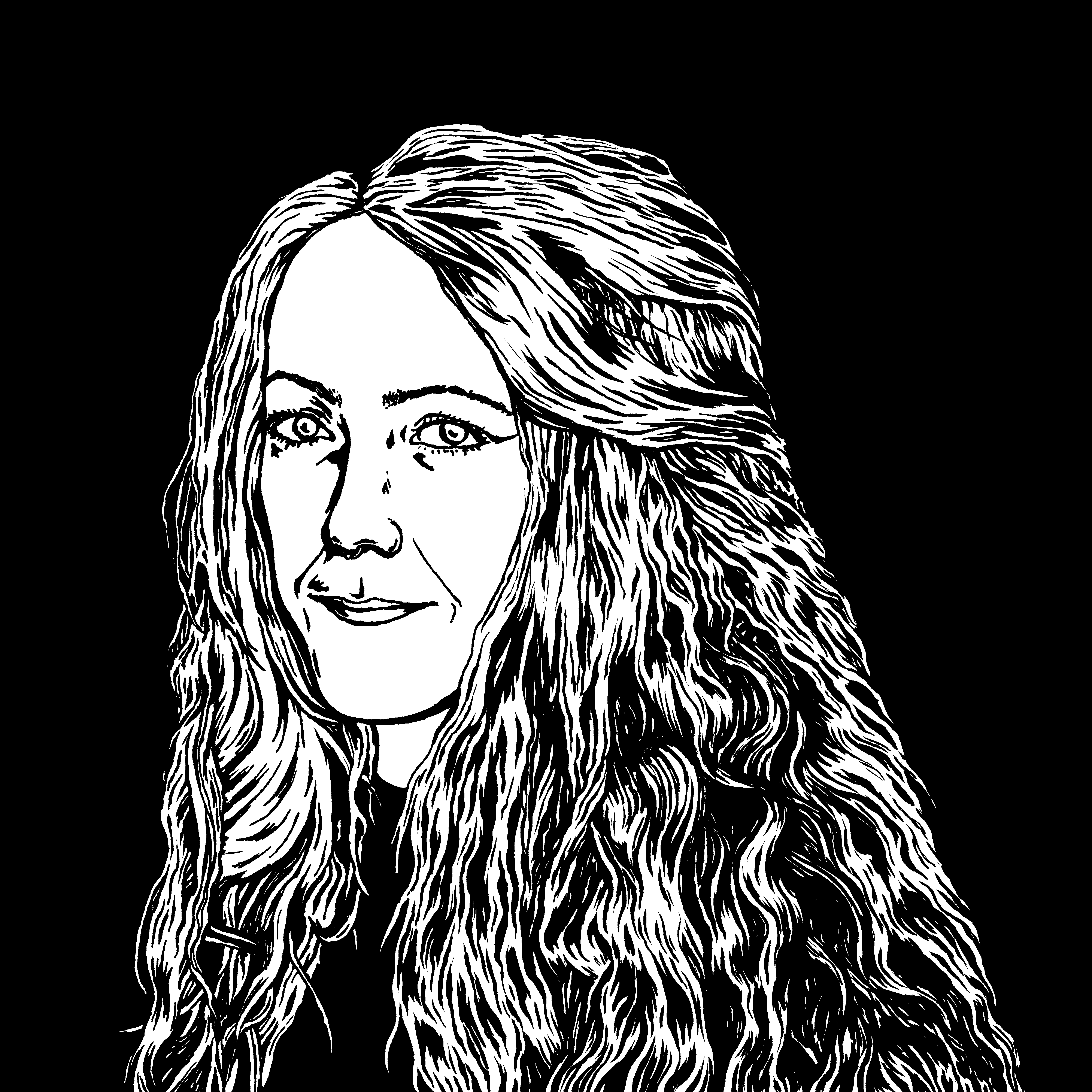 Black and white illustration of a woman with long wavy hair