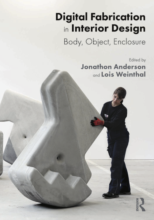 Title page of the book with black text on a white background and an artist handling a gray sculpture