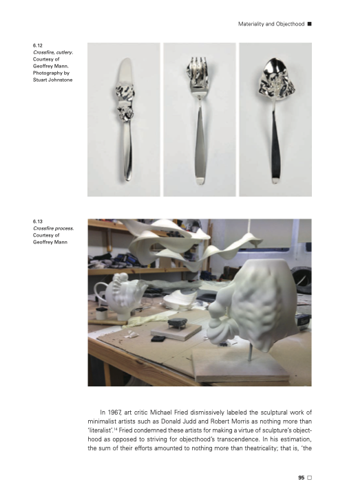 Two pictures of Geoffrey Mann's art, one with three utensils and the other with a grey sculpture