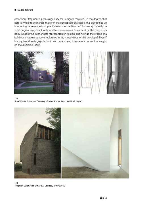 Four photographs of Nader Tehrani's art, two of gray houses and two of their white interiors.