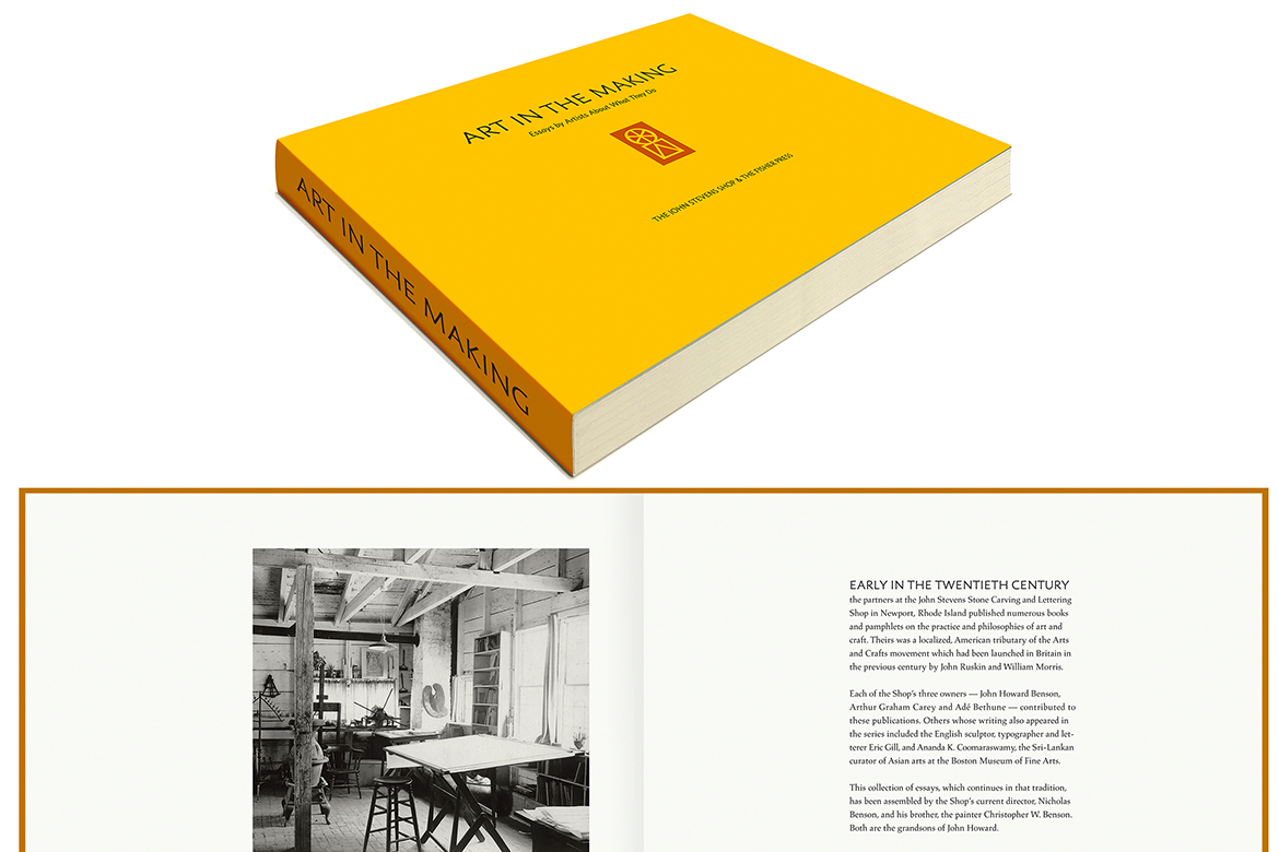 A mockup of the paperback ART IN THE MAKING book with an image of its opening two page spread. 