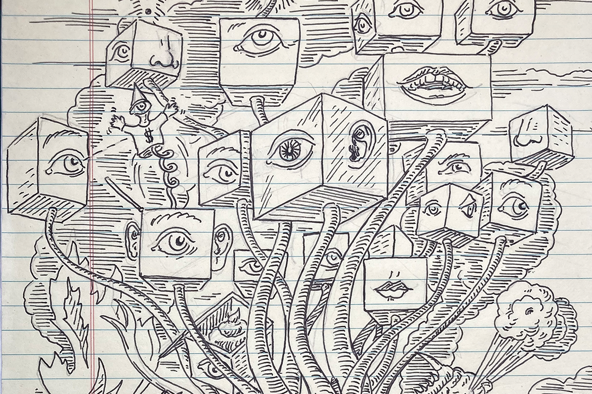 An ink drawing on legal pad of boxes with eye, ears, and mouths connected by branches.